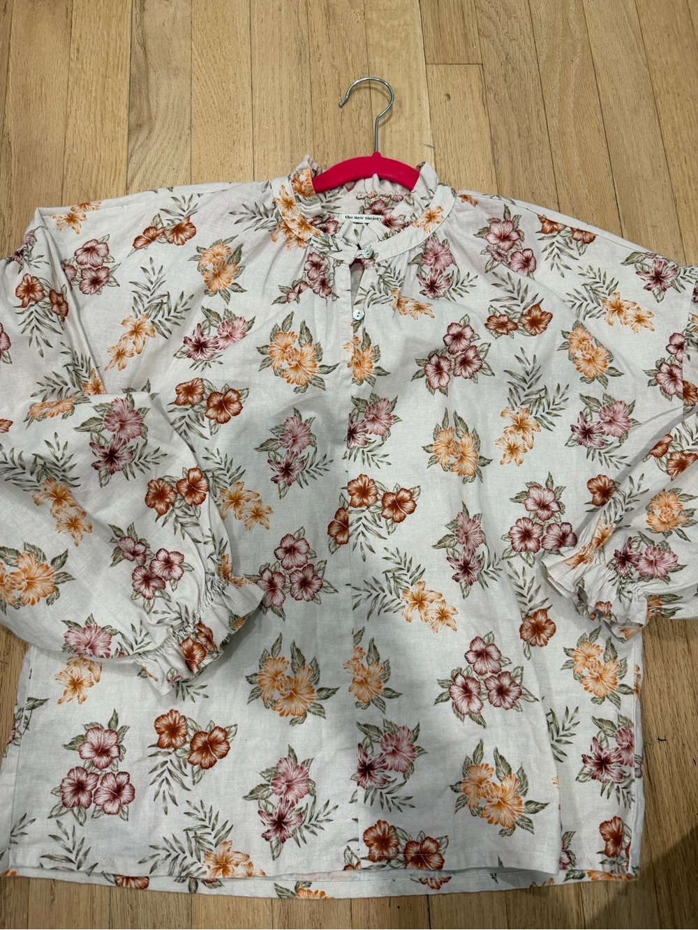 The new society Floral Ruffle Neck Blouse - White with Pink & Orange Flowers